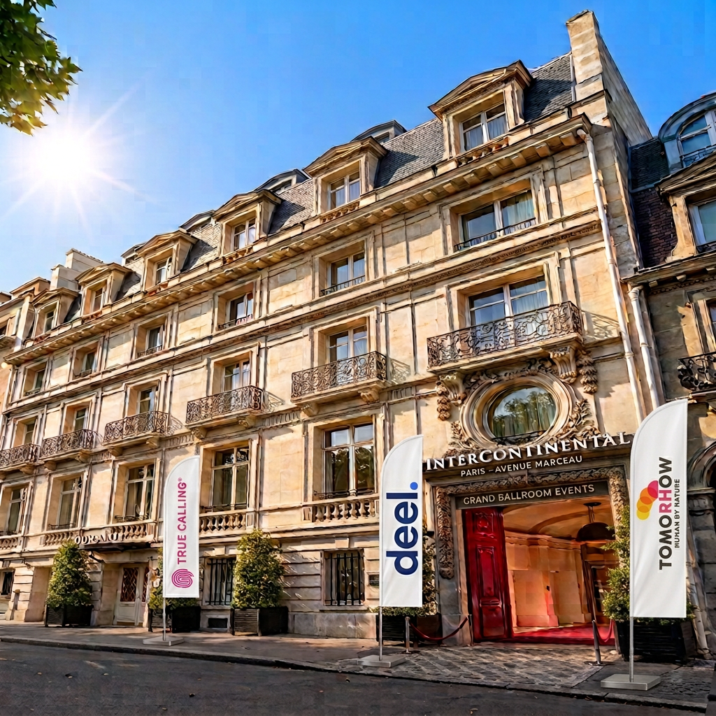 Illustration de la façade de l'InterContinental Paris Champs-Élysées Étoile aux couleurs de TrueCalling, Deel et Tomorhow